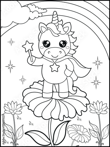 Superhero Unicorn Coloring Page for Kids. A Fun and Printable Black and White Activity Sheet for Kindergarten.
