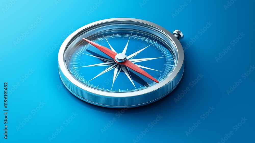 Bright Compass Pointing Toward Horizon in Vibrant Blue Background Bright Compass Pointing Toward Horizon in Vibrant Blue Background