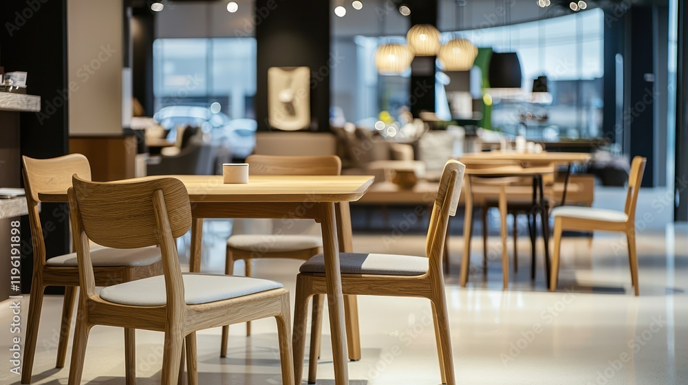 Showroom displays handcrafted dining chairs and tables. Showroom displays handcrafted dining chairs and tables.