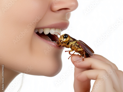 Close-Up of a Woman Tasting a Grasshopper Snack, Exotic Cuisine, Edible Insect, isolated on white background photo