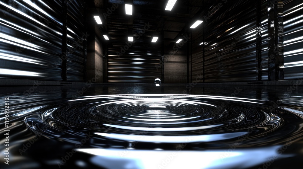 Liquid drop impact, metallic room, ripples, industrial background, advert Liquid drop impact, metallic room, ripples, industrial background, advert