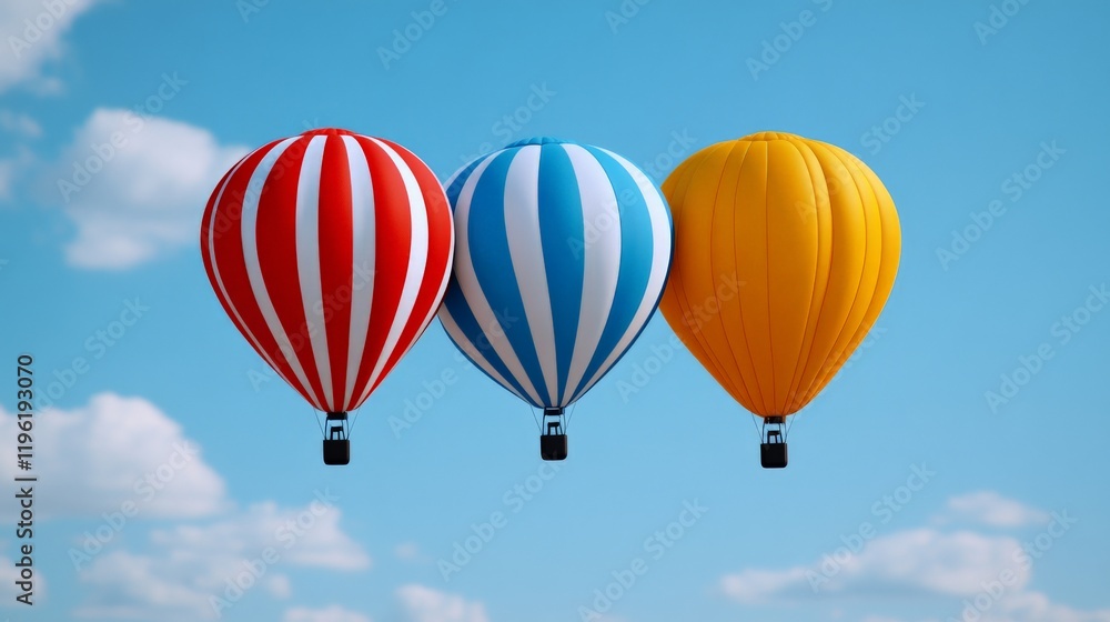 Fototapeta premium Hot Air Balloon Trio: Three vibrant hot air balloons—red and white striped, blue and white striped, and solid yellow—drift serenely against a clear blue sky dotted with fluffy white clouds.