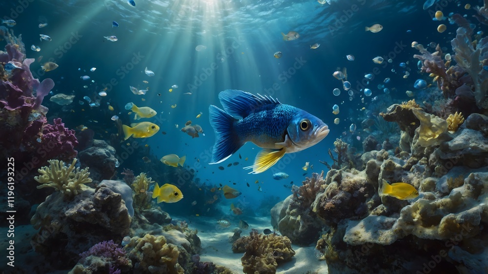 Fototapeta premium Surreal Swim: The Devils Hole Pup fish in a Fantastical Aquatic World