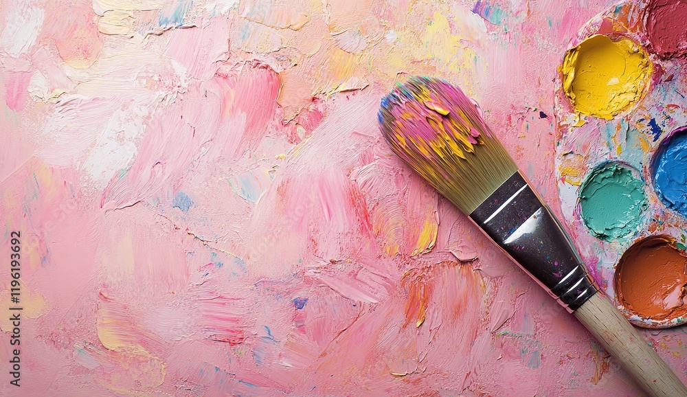 Fototapeta premium Artist's Paintbrush Creates Vibrant Pink Abstract Canvas Texture with Oil Colors