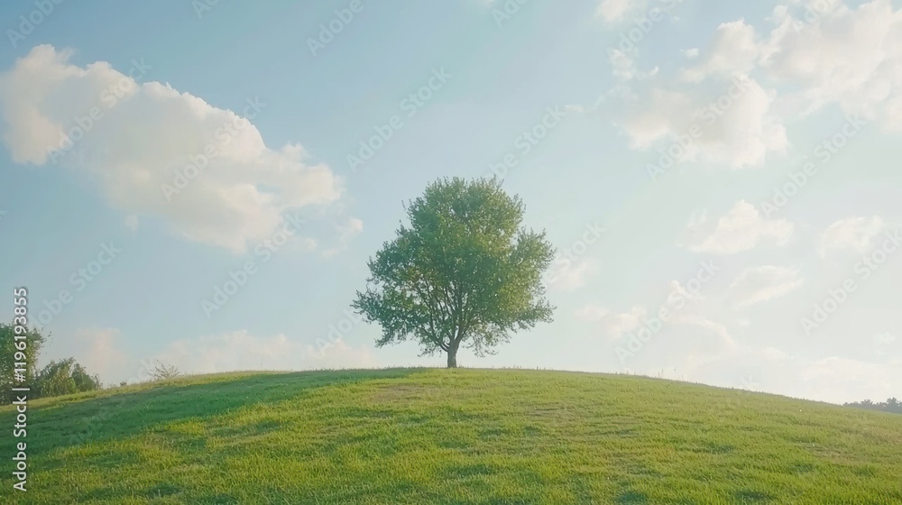 Obraz premium Sunlit green hill with isolated tree serene landscape nature photography daytime viewpoint
