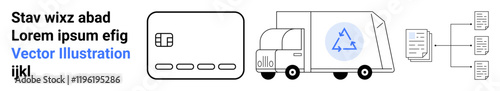 Credit card chip, delivery truck with recycle symbol, and interconnected data files. Ideal for logistics, ecommerce, payment systems, recycling, data management, eco-friendly commerce and digital