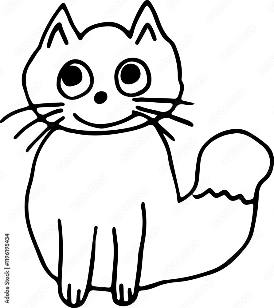 contented smiling cat with fluffy tail sits and looks up contented smiling cat with fluffy tail sits and looks up