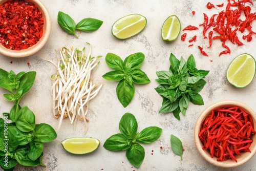 Traditional Beef Pho with green onions, bean sprouts, lime wedges and basil leaves as garnish. 