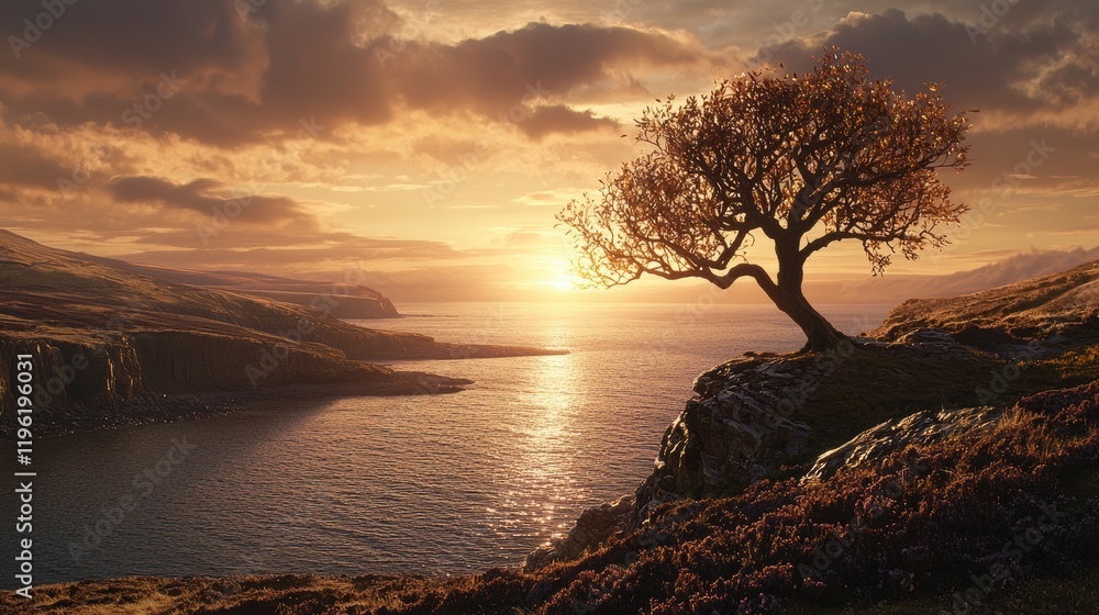 Sunset serenity a lone tree overlooking the ocean nature photography tranquil landscape Sunset serenity a lone tree overlooking the ocean nature photography tranquil landscape