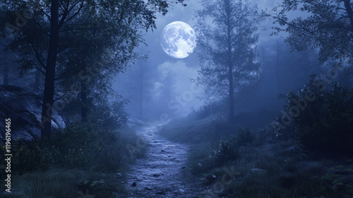Mysterious forest with a moonlit path fog and a backdrop hint
