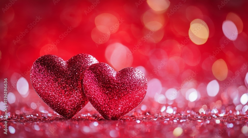 Two Glittering Red Hearts on a Sparkling Background - Valentine's Day Romance Two Glittering Red Hearts on a Sparkling Background - Valentine's Day Romance