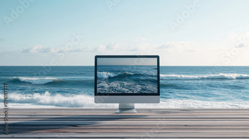 Fototapeta Naklejka Na Ścianę i Meble -  PC mockup serene seaside pier ocean wave background tranquil beauty coastal scenery innovative branding technology concept ecommerce app nomad lifestyle blank it travel banner screen suitcase surreal