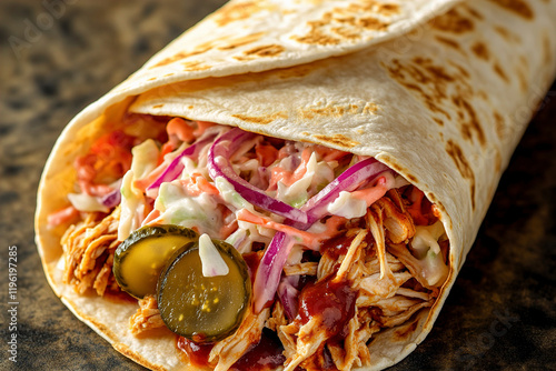 A delicate view of a tortilla wrap filled with BBQ pulled chicken, pickles, and coleslaw. (Generative AI)