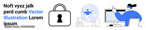 Security lock icon, person juggling balls over cityscape, person with mask at desktop computer. Ideal for cybersecurity, performance management, urban lifestyle, tech support, remote work