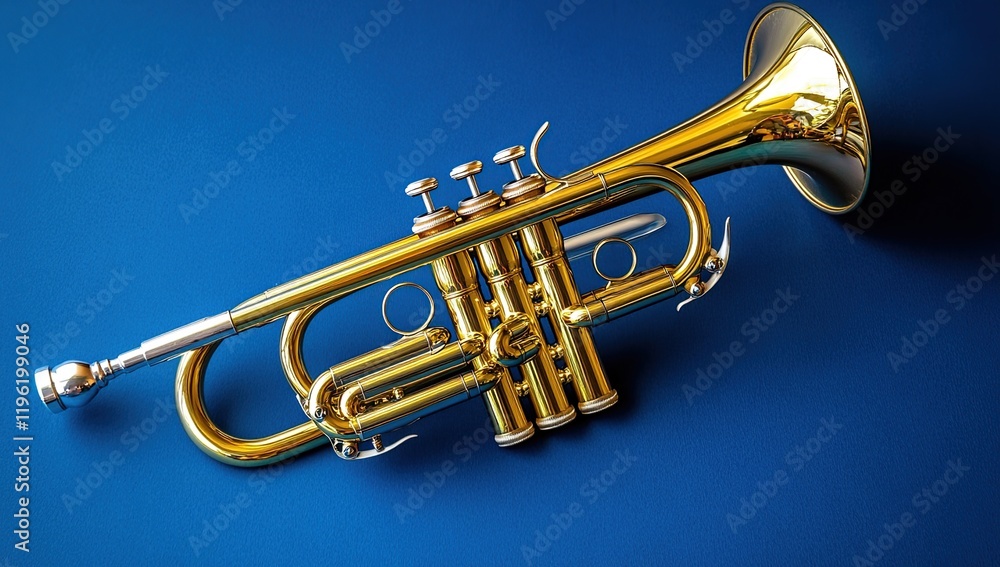 Obraz premium Golden Trumpet: A Musical Instrument's Gleaming Beauty on Blue Background, Showcasing Valves and Intricate Details