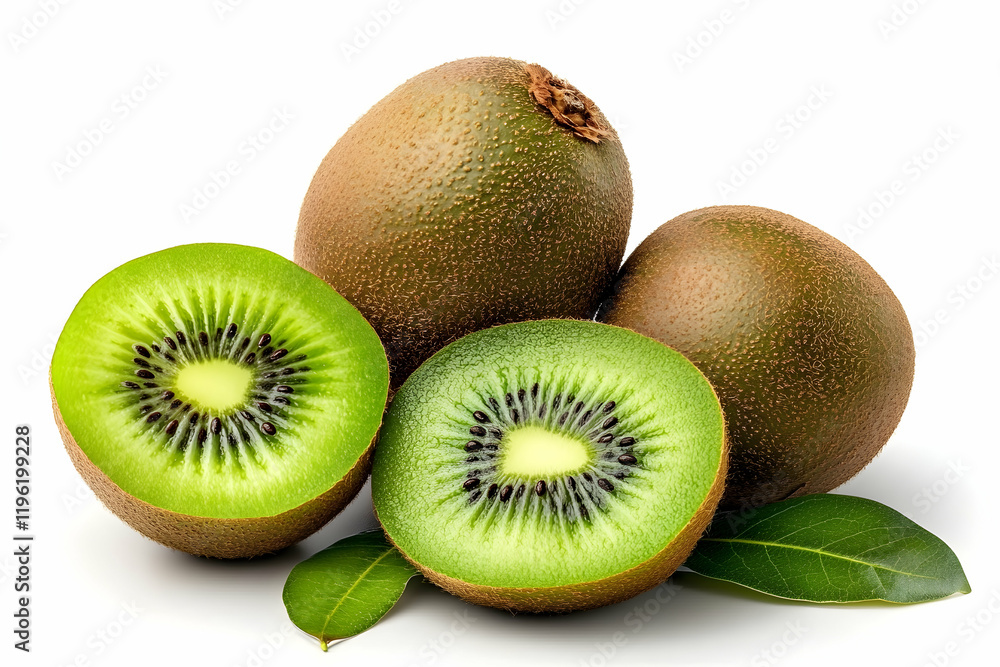 Obraz premium Fresh Kiwis with Leaves, kiwifruit, green, healthy, vitamin c, delicious