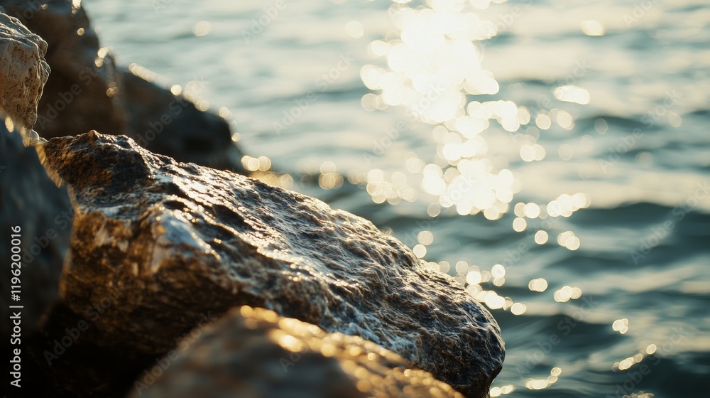 Beautiful close-up of textured rocks by the shimmering water with soft sunlight reflecting on the surface, creating a serene and tranquil coastal scene Beautiful close-up of textured rocks by the shimmering water with soft sunlight reflecting on the surface, creating a serene and tranquil coastal scene