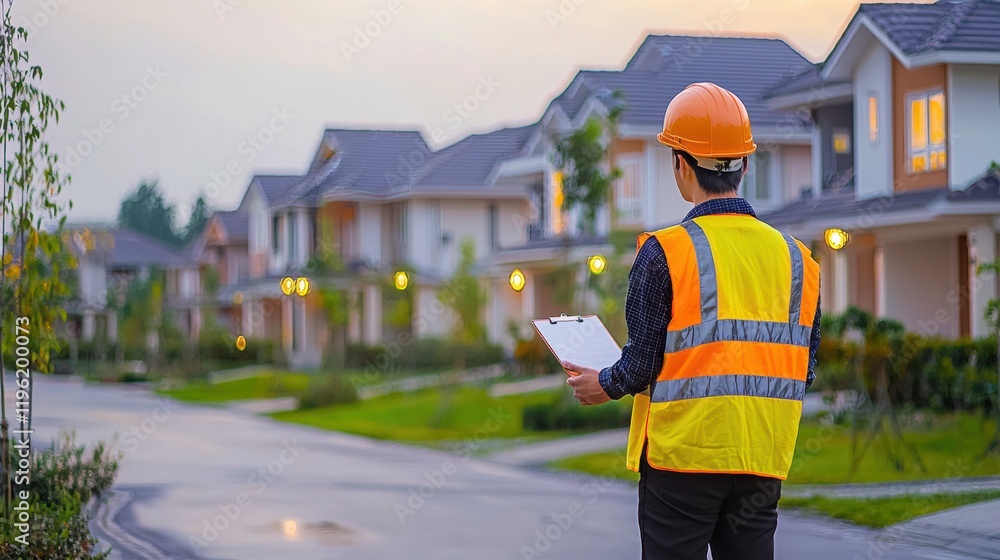Construction worker evaluates residential development in suburban business environment Construction worker evaluates residential development in suburban business environment