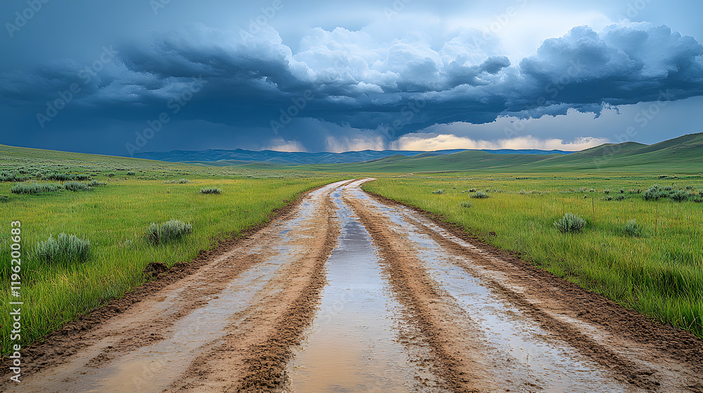 Fototapeta premium A road with a yellow line and a cloudy sky. The road is wet and the sky is overcast