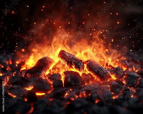 Charcoal burning with vibrant flames, glowing embers reflecting light, barbecue grill setting, dark background with fiery sparks, ultrarealistic texture details photo