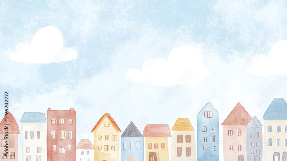 Charming city skyline with colorful homes under bright blue sky Charming city skyline with colorful homes under bright blue sky