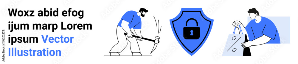 Man using pickaxe tool and another carrying shopping bags surrounding shield lock icon, emphasizing safety, effort, and utility. Ideal for technology, cybersecurity, labor, retail, protection Man using pickaxe tool and another carrying shopping bags surrounding shield lock icon, emphasizing safety, effort, and utility. Ideal for technology, cybersecurity, labor, retail, protection