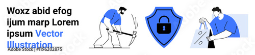 Man using pickaxe tool and another carrying shopping bags surrounding shield lock icon, emphasizing safety, effort, and utility. Ideal for technology, cybersecurity, labor, retail, protection