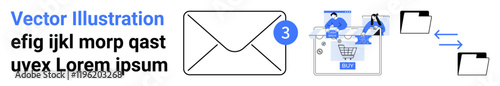Envelope with notification badge, shopping cart on screen, two people interacting, folder icons with arrows. Ideal for email marketing, online shopping, digital communication, notifications