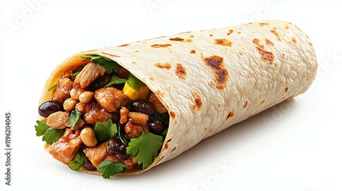 Delicious burrito filled with chicken, beans, and fresh herbs on a clean white background