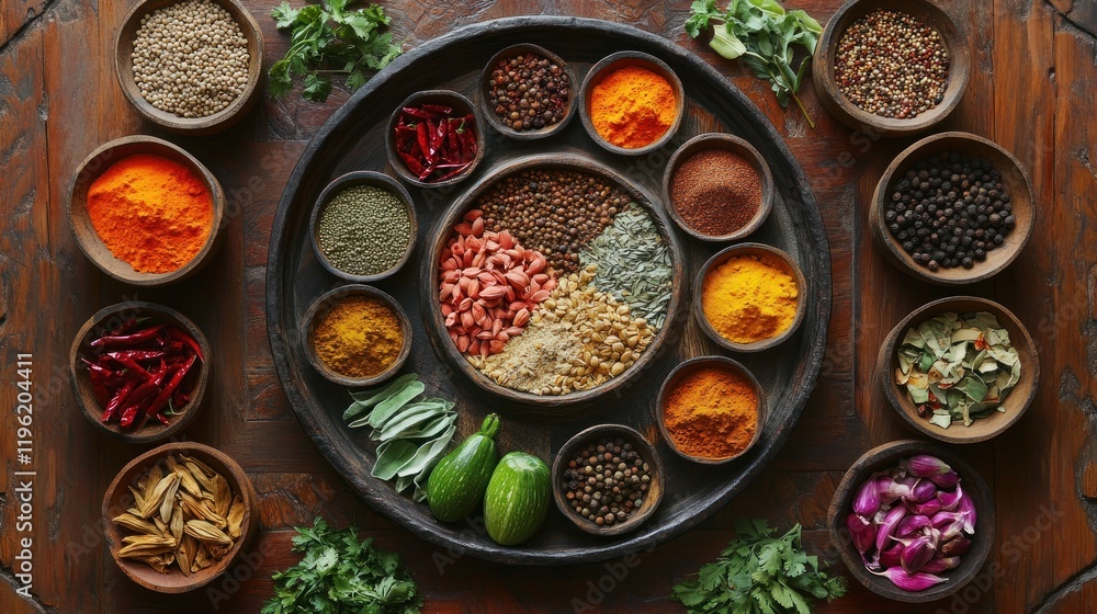 Aromatic Spices and Herbs on Wooden Tray Aromatic Spices and Herbs on Wooden Tray