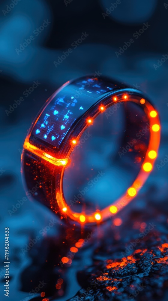 Close-up of a wearable tech device, such as a fitness tracker or smart ring, displaying health data and activity progress in a glowing, high-tech style. Close-up of a wearable tech device, such as a fitness tracker or smart ring, displaying health data and activity progress in a glowing, high-tech style.
