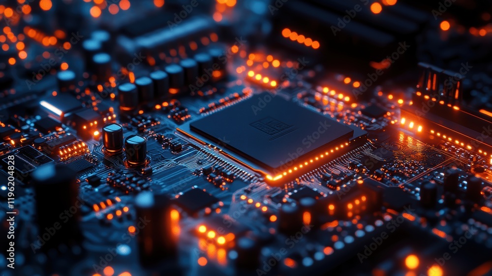 Close-up of dark technology components, like a black microchip and glowing wires, in a mysterious, low-light setting.