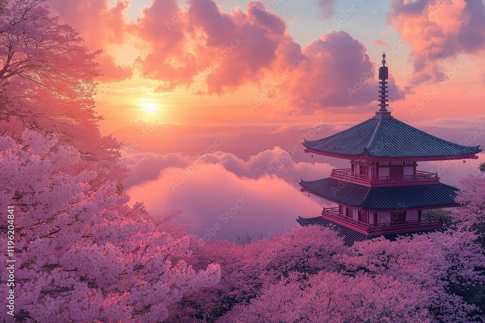 Obraz premium Stunning sunset view of a pagoda surrounded by cherry blossoms in a tranquil landscape