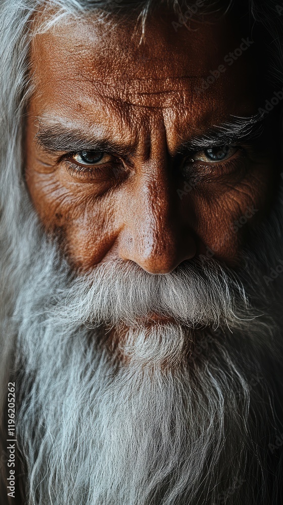 Close-up portrait of an old man with a long, white beard, his face lit by a single light source from below, casting deep shadows across his features. Close-up portrait of an old man with a long, white beard, his face lit by a single light source from below, casting deep shadows across his features.