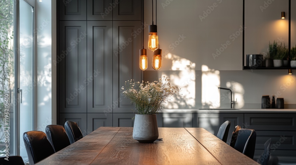 Contemporary dining room with a dark wooden table, black chairs, and elegant candlelight illuminating the room. Shadows play on the minimalist walls.