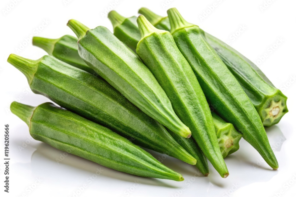 Fresh Okra Green Seed Pods, Isolated White Background, Clipping Path, Stock Photo, High-Resolution Image, Food Photography, Vegetable, Okra Pods, Green Okra, Culinary Photography Fresh Okra Green Seed Pods, Isolated White Background, Clipping Path, Stock Photo, High-Resolution Image, Food Photography, Vegetable, Okra Pods, Green Okra, Culinary Photography