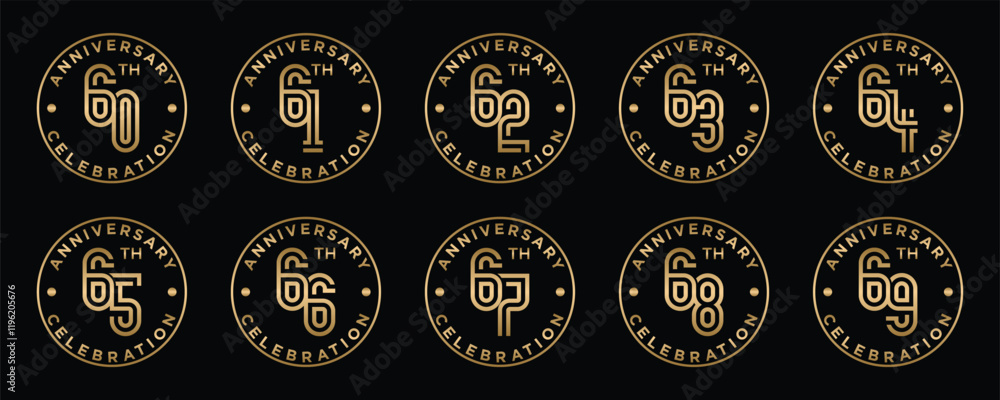 creative anniversary logo design collection number 60 to 69 in gold circle and black background. abstract number design vector illustration creative anniversary logo design collection number 60 to 69 in gold circle and black background. abstract number design vector illustration