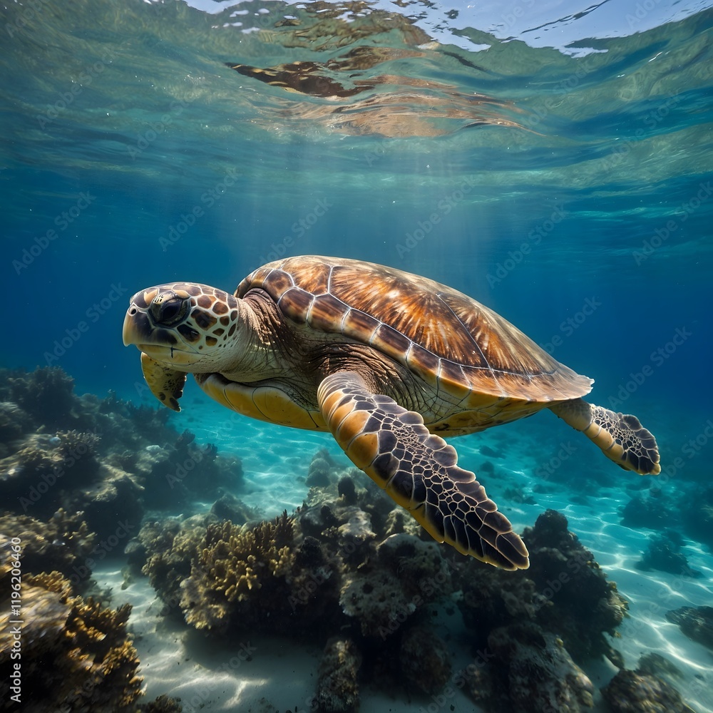 Fototapeta premium Treasures of the Abyss: A Loggerhead's Exploration of Underwater Ruins