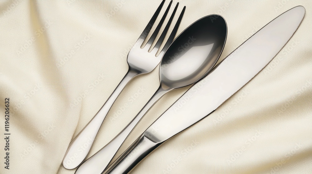 Elegant silverware place setting on cream fabric Elegant silverware place setting on cream fabric