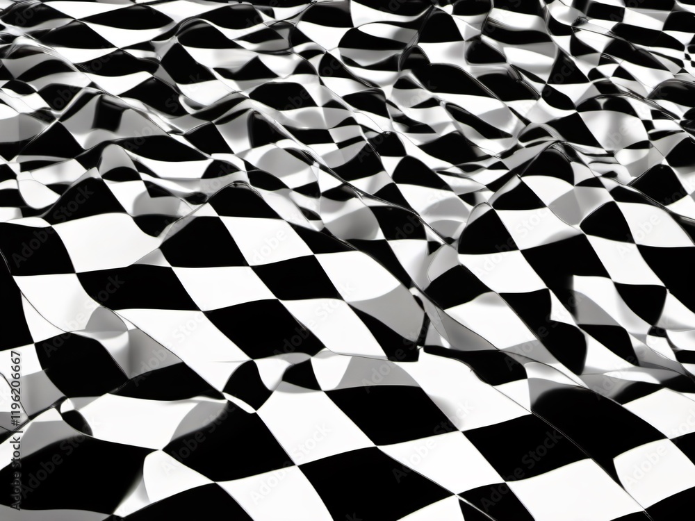 Obraz premium A distorted checkerboard pattern, where some squares shift into diamond shapes, in black, white, and one accent color