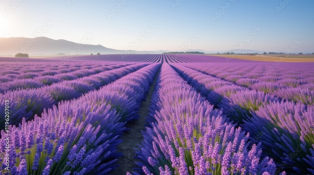 Obraz premium A breathtaking lavender field in full bloom, showcasing endless rows of vibrant purple flowers swaying gently in the breeze, creating a serene and aromatic landscape.