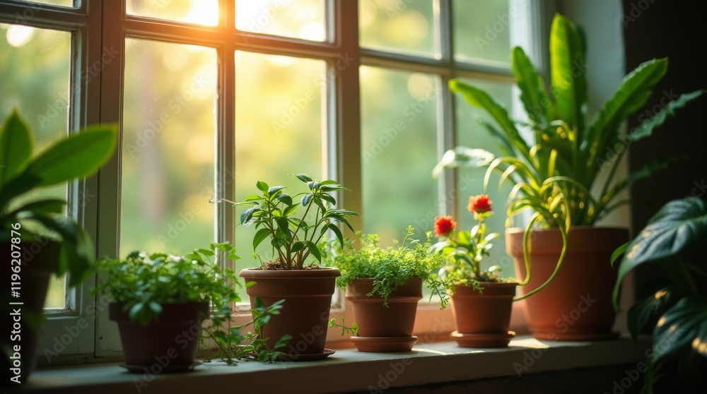 A close-up of a window adorned with potted plants, showcasing the vibrant greenery that brings life to the indoor space. A close-up of a window adorned with potted plants, showcasing the vibrant greenery that brings life to the indoor space.