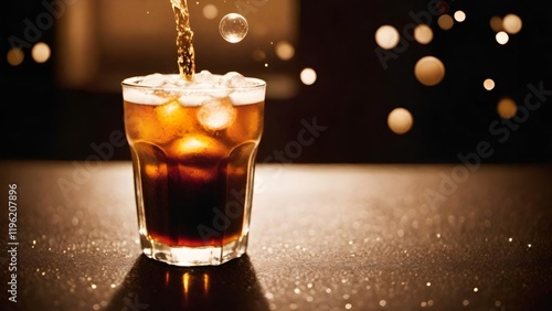Glass of iced soda being filled on a bar at night