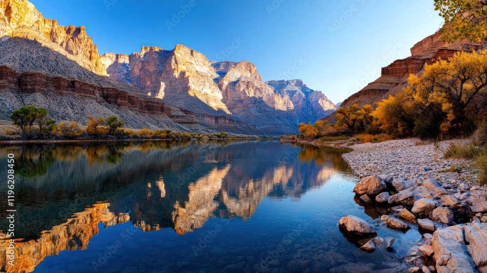 Fototapeta premium Tranquil river reflecting majestic mountains at sunrise.