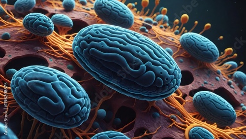 Microscopic world showcasing alien organisms thriving and expanding on an organic surface, creating a fascinating and otherworldly scene