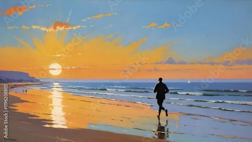 Painting of a man running on the beach at sunset with a sailboat in the distance, enjoying the peaceful atmosphere