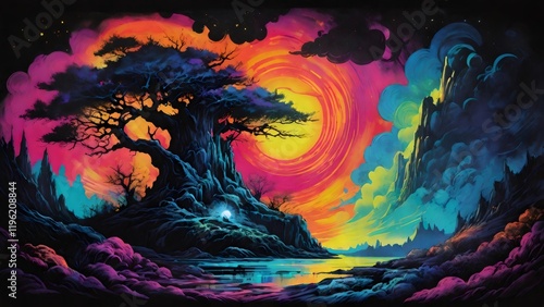 Vibrant surreal landscape featuring a glowing tree, mountains, and a swirling sky, creating a psychedelic and otherworldly atmosphere