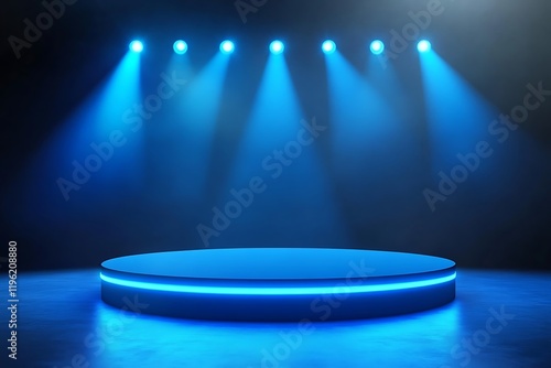 Futuristic Circular Platform on Grassy Field with Blue Neon Lighting
