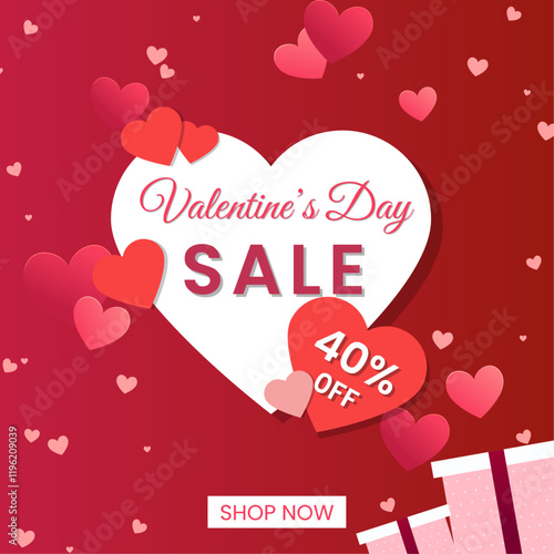 Valentine day sale flat design poster and banner, with romance red background, 40% off text, and heart