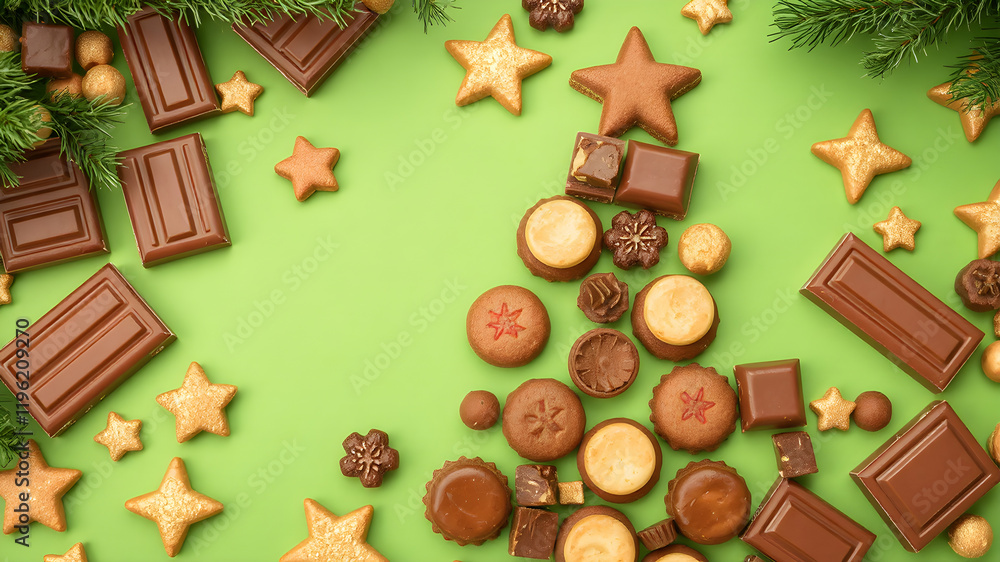 High angle shot of a Christmas tree shape crafted with chocolate bars and cookies on a bright green background with golden stars, HD, 8K High angle shot of a Christmas tree shape crafted with chocolate bars and cookies on a bright green background with golden stars, HD, 8K